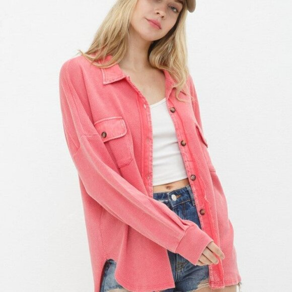 Not Your Boyfriend's Textured Knit Shirt Jacket in Coral - Picture 6 of 6